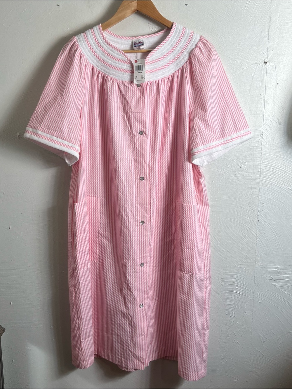 Granada Duster Robe Pockets Pearl Snap Pink White Women Size Medium
